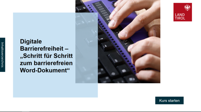 Vorschaubild interaktives Schulungsvideo mit Titel "Digitale Barrierefreiheit Schritt für Schritt zum barrierefreien Word-Dokument" und Braillezeile