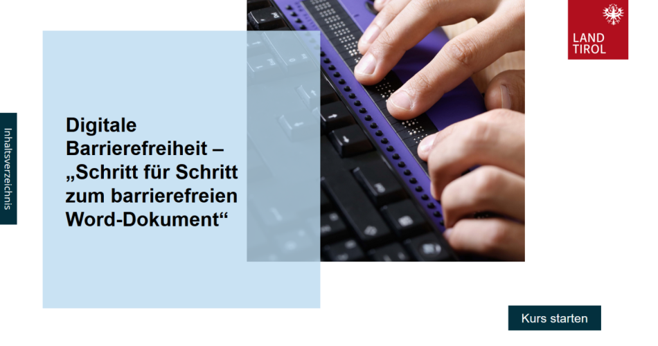 Vorschaubild interaktives Schulungsvideo mit Titel "Digitale Barrierefreiheit Schritt für Schritt zum barrierefreien Word-Dokument" und Braillezeile