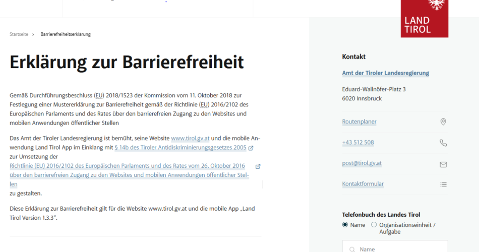 Webseite Land Tirol mit Erklärung zur Barrierefreiheit